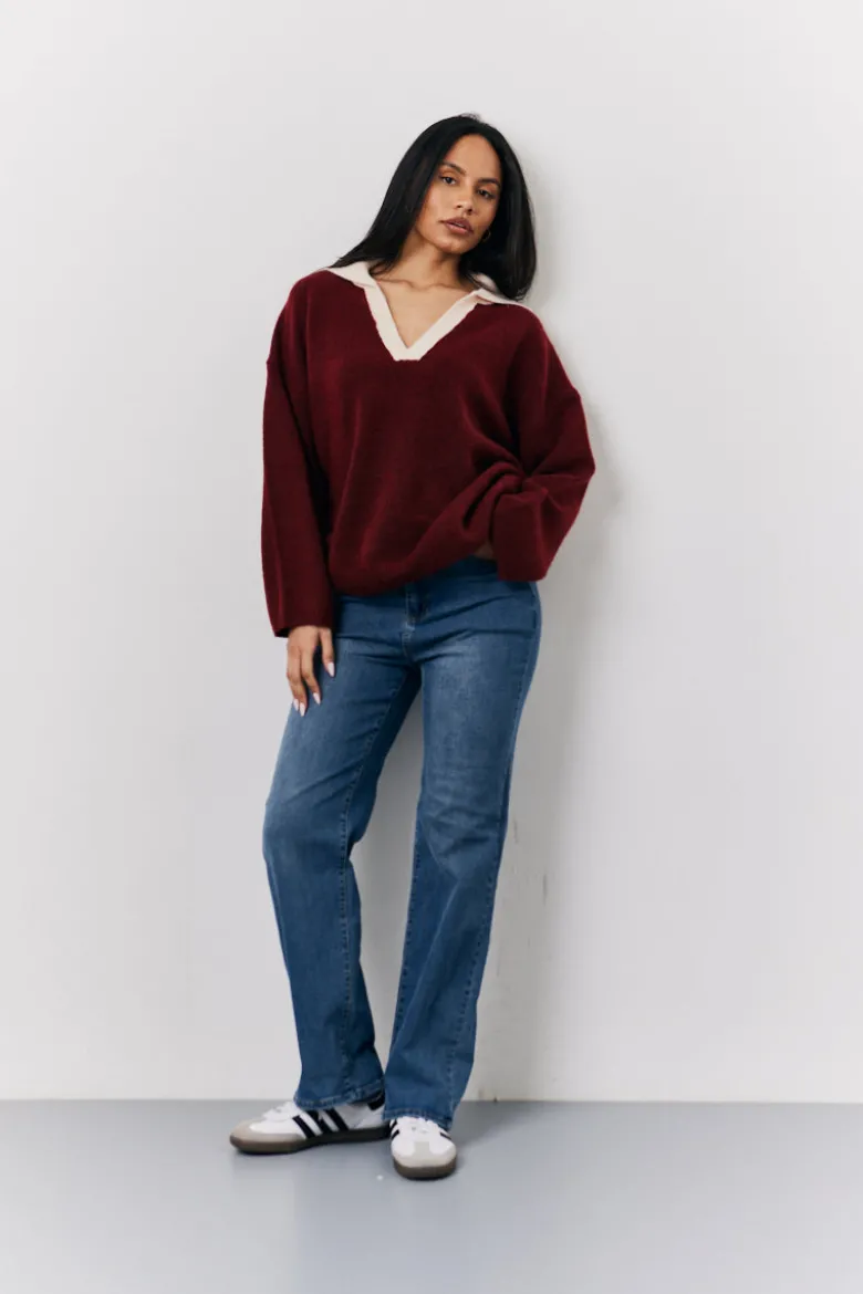 Burgundy 90's Collared Knitted Rugby Sweater