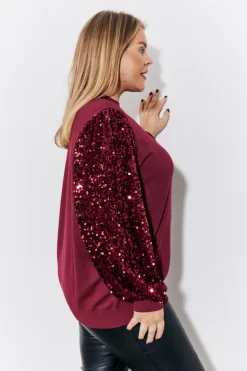 Burgundy Sequin Balloon Sleeve Knitted Jumper