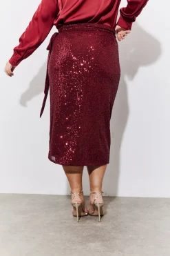 Burgundy Sequin Wrap Midi Skirt