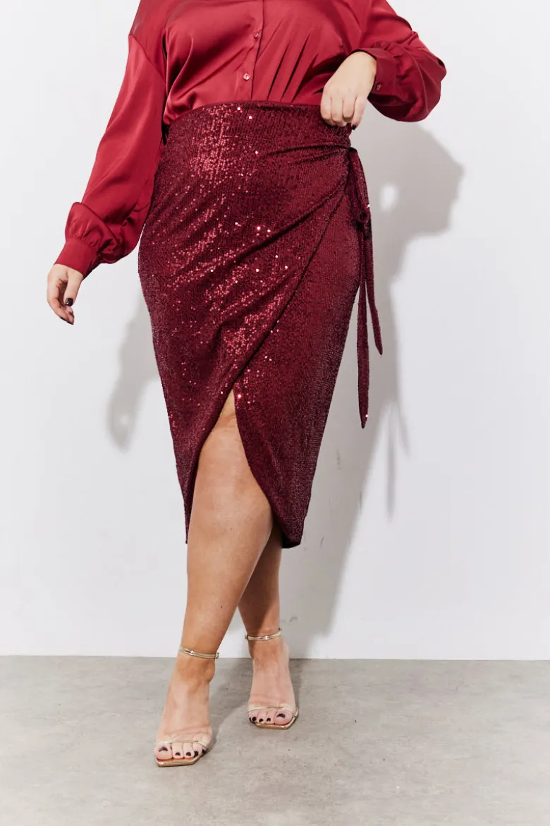 Burgundy Sequin Wrap Midi Skirt