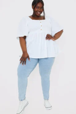 Button Front Shirred Bust Top