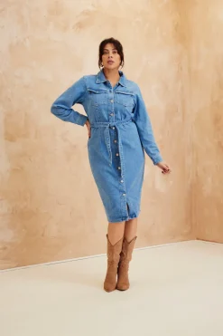 Button Through Tie Waist Denim Dress