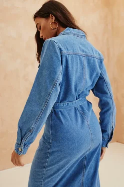 Button Through Tie Waist Denim Dress