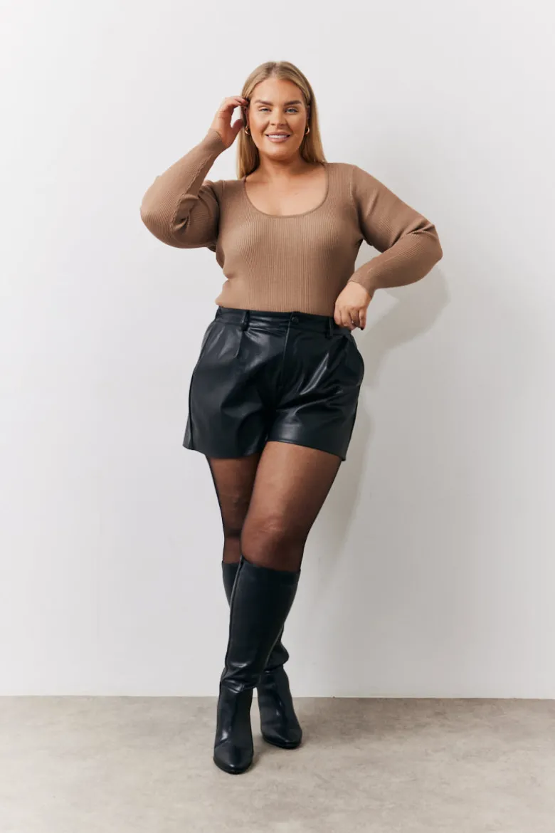 Camel Rib Knitted Scoop Neck Long Sleeve Top