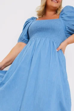 Chambray Shirred Balloon Sleeve Midi Dress