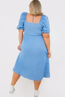 Chambray Shirred Balloon Sleeve Midi Dress