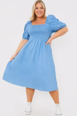 Chambray Shirred Balloon Sleeve Midi Dress