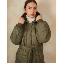 Check Padded Longline Belted Coat in Khaki