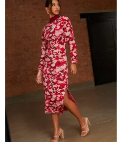 Chi Chi London Abstract Floral Knitted Midi Dress in Pink