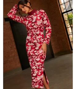 Chi Chi London Abstract Floral Knitted Midi Dress in Pink