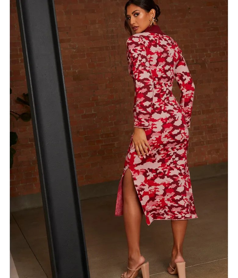 Chi Chi London Abstract Floral Knitted Midi Dress in Pink