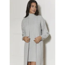 Chi Chi London All-Over Knitted Cable Longline Cardigan in Grey