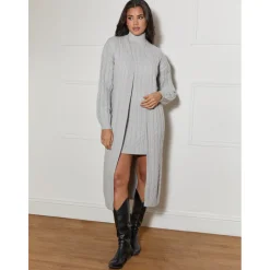Chi Chi London All-Over Knitted Cable Longline Cardigan in Grey