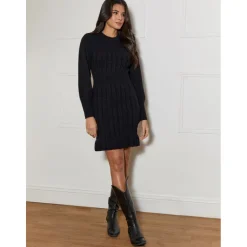 Chi Chi London Balloon Sleeve Cable Knit Mini Jumper Dress in Black