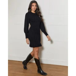 Chi Chi London Balloon Sleeve Cable Knit Mini Jumper Dress in Black