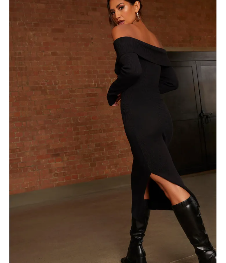 Chi Chi London Bardot Split Detail Midi Jumper Dress in Black