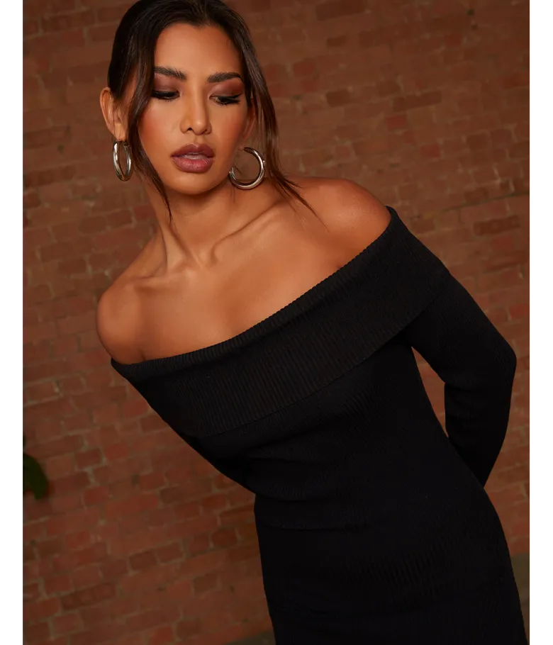 Chi Chi London Bardot Split Detail Midi Jumper Dress in Black