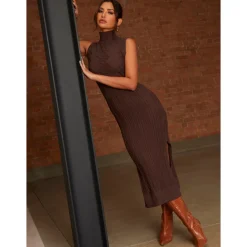 Chi Chi London Cable Knit Sleeveless Midi Dress in Chocolate