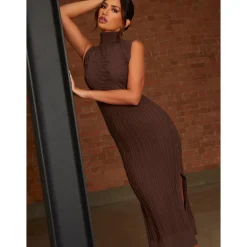 Chi Chi London Cable Knit Sleeveless Midi Dress in Chocolate