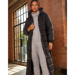 Chi Chi London Check Padded Longline Belted Coat in Black