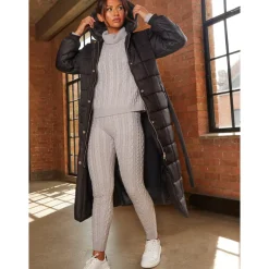Chi Chi London Check Padded Longline Belted Coat in Black