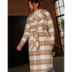 Chi Chi London Check Wrap Tie Waist Coat in Cream