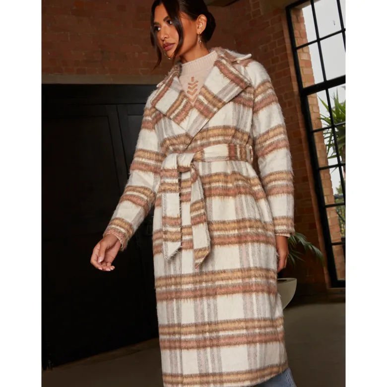 Chi Chi London Check Wrap Tie Waist Coat in Cream