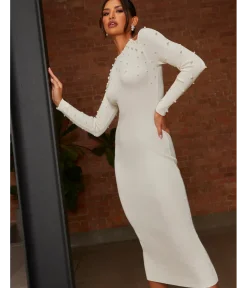 Chi Chi London Cold Shoulder Pearl Detail Rib Midi Dress in Cream
