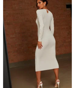 Chi Chi London Cold Shoulder Pearl Detail Rib Midi Dress in Cream