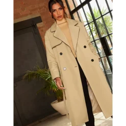 Chi Chi London Contrast Trim Belted Trench Coat in Camel