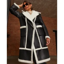 Chi Chi London Contrast Trim Borg Coat in Black