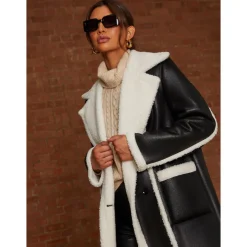Chi Chi London Contrast Trim Borg Coat in Black