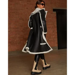Chi Chi London Contrast Trim Borg Coat in Black