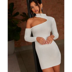 Chi Chi London Cut-Out Long Sleeve Knitted Rib Dress in White