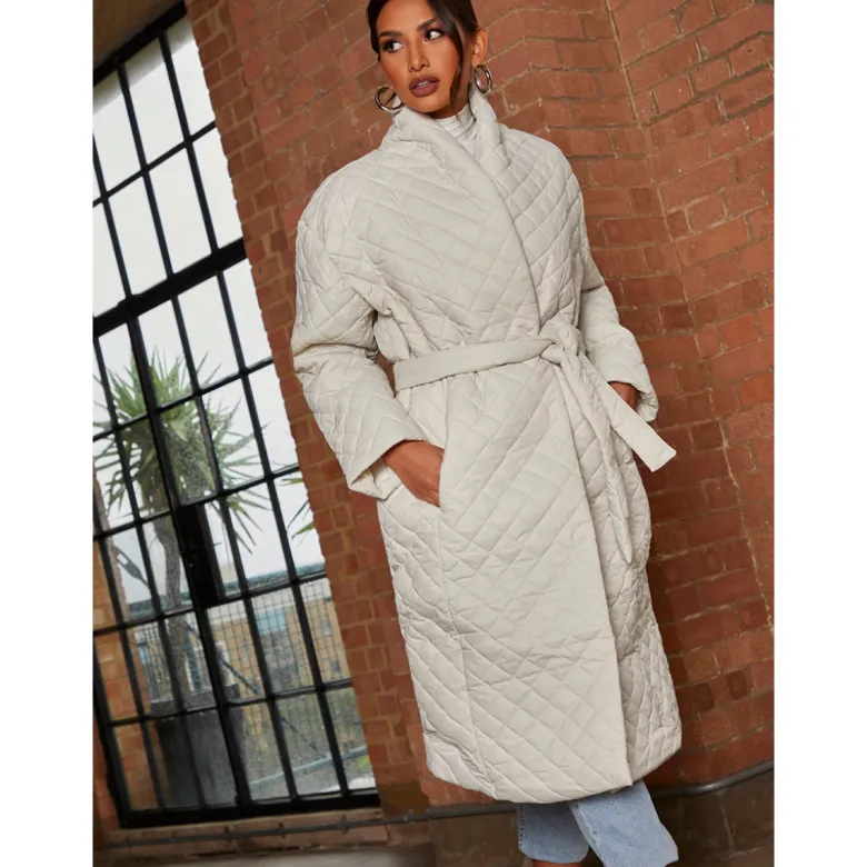 Chi Chi London Diamond Quilted Longline Belted Coat in Cream