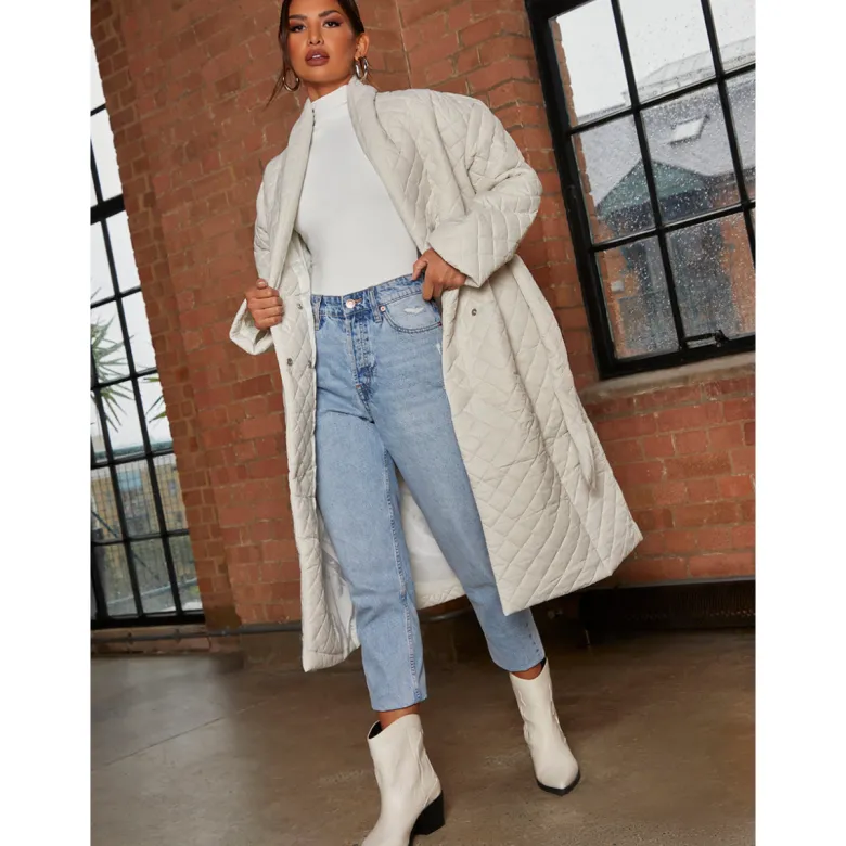 Chi Chi London Diamond Quilted Longline Belted Coat in Cream