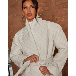 Chi Chi London Diamond Quilted Longline Belted Coat in Cream