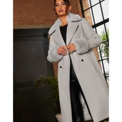 Chi Chi London Double Breasted Faux Fur Trim Coat in Grey