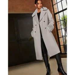 Chi Chi London Double Breasted Faux Fur Trim Coat in Grey