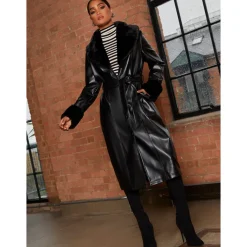 Chi Chi London Faux Leather Longline Coat with Faux Fur Trim in Black
