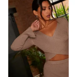Chi Chi London Flute Sleeve Wrap Detail Rib Knit Top in Mocha