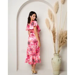 Chi Chi London Flutter Sleeve Satin Wrap Dress in Pink