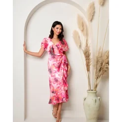 Chi Chi London Flutter Sleeve Satin Wrap Dress in Pink