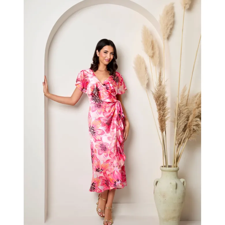Chi Chi London Flutter Sleeve Satin Wrap Dress in Pink