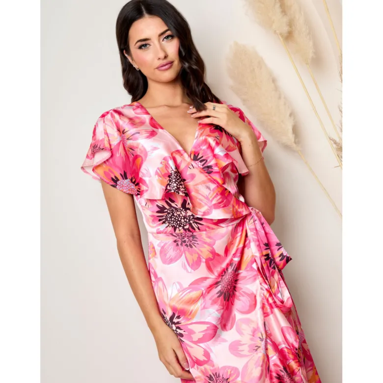 Chi Chi London Flutter Sleeve Satin Wrap Dress in Pink