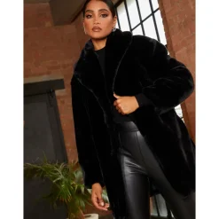 Chi Chi London Plush Faux Fur Coat in Black