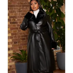 Chi Chi London Plus Size Faux Leather Longline Coat with Faux Fur Trim