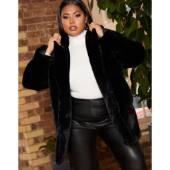 Chi Chi London Plus Size Plush Faux Fur Coat in Black