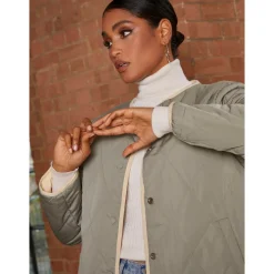Chi Chi London Reversible Quilted Short Jacket in Cream and Khaki