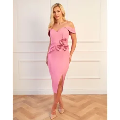 Chi Chi London Rosette Detail Bardot Midi Dress in Pink